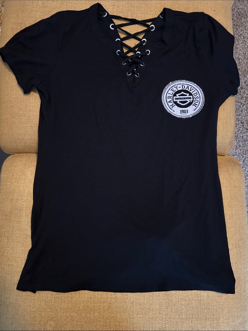 Harley-Davidson Black Lace-Up V-Neck Tee with White Patch
